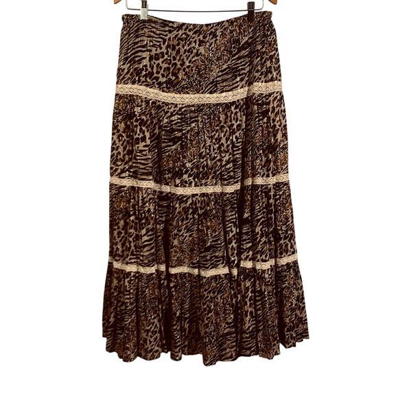 ZOE D. Skirt Maxi Leopard Lace Tiered Elastic Waist Metallic Thread Prairie - Picture 2 of 14